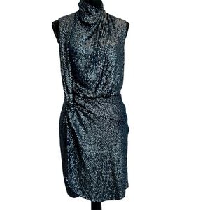 Haute Hippie blue sequin high neck twist front and open back mini cocktail dress